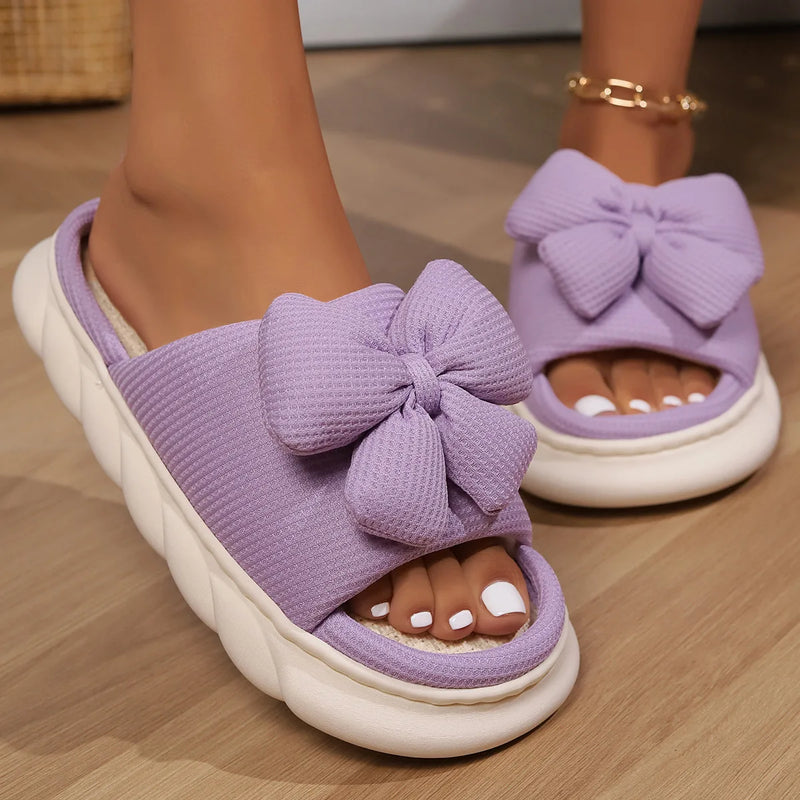 Fashion Bowknot Linen Home Slippers Women Thick Sole Non Slip House Cotton Shoes Woman Flat Heels Platform Indoor Slippers 2024