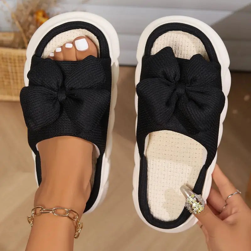 Fashion Bowknot Linen Home Slippers Women Thick Sole Non Slip House Cotton Shoes Woman Flat Heels Platform Indoor Slippers 2024