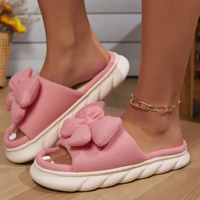 Fashion Bowknot Linen Home Slippers Women Thick Sole Non Slip House Cotton Shoes Woman Flat Heels Platform Indoor Slippers 2024