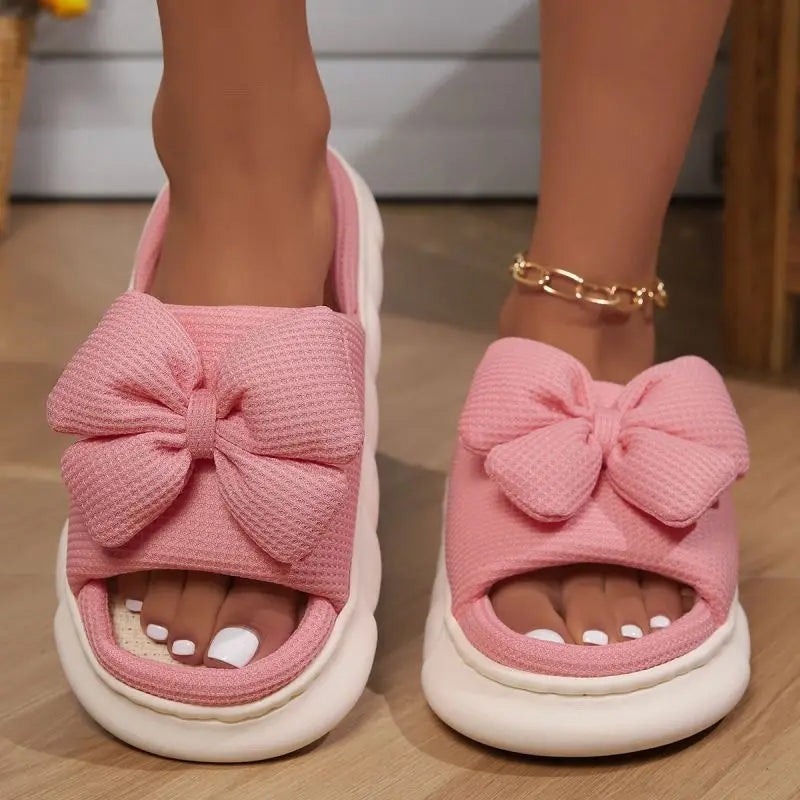 Fashion Bowknot Linen Home Slippers Women Thick Sole Non Slip House Cotton Shoes Woman Flat Heels Platform Indoor Slippers 2024