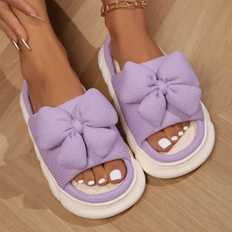 Fashion Bowknot Linen Home Slippers Women Thick Sole Non Slip House Cotton Shoes Woman Flat Heels Platform Indoor Slippers 2024