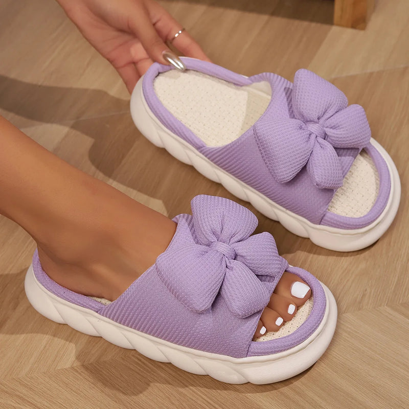 Fashion Bowknot Linen Home Slippers Women Thick Sole Non Slip House Cotton Shoes Woman Flat Heels Platform Indoor Slippers 2024