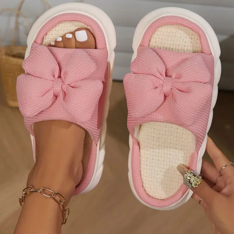 Fashion Bowknot Linen Home Slippers Women Thick Sole Non Slip House Cotton Shoes Woman Flat Heels Platform Indoor Slippers 2024