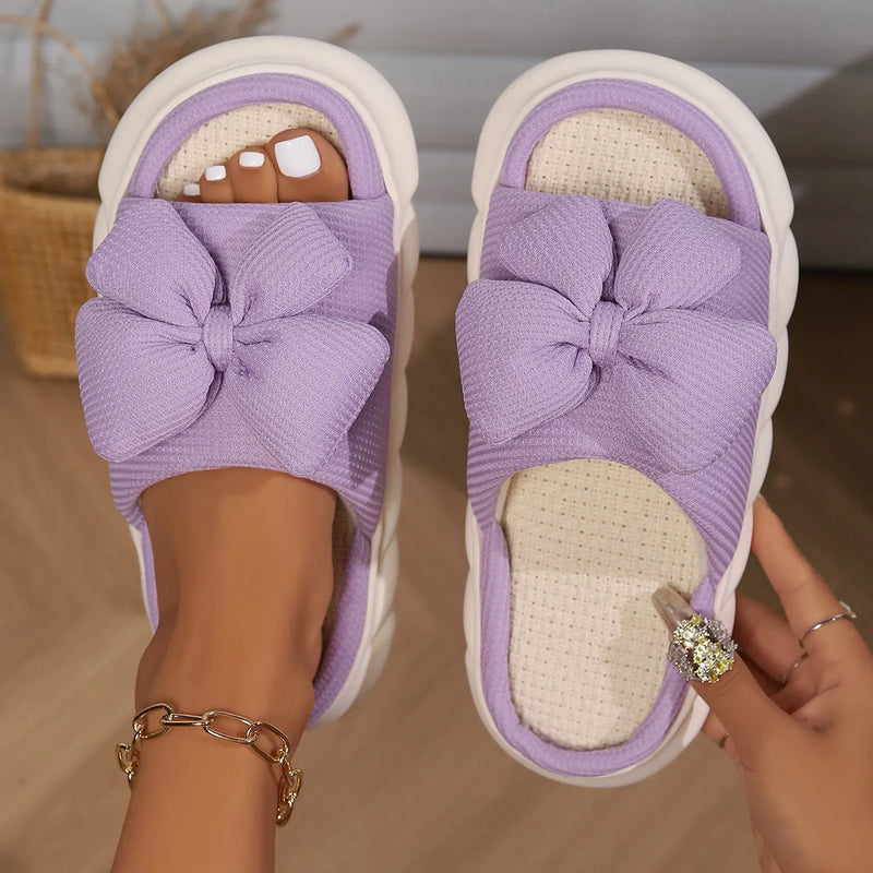 Fashion Bowknot Linen Home Slippers Women Thick Sole Non Slip House Cotton Shoes Woman Flat Heels Platform Indoor Slippers 2024