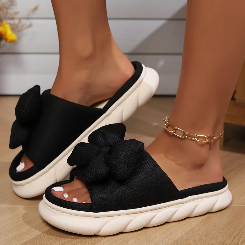 Fashion Bowknot Linen Home Slippers Women Thick Sole Non Slip House Cotton Shoes Woman Flat Heels Platform Indoor Slippers 2024