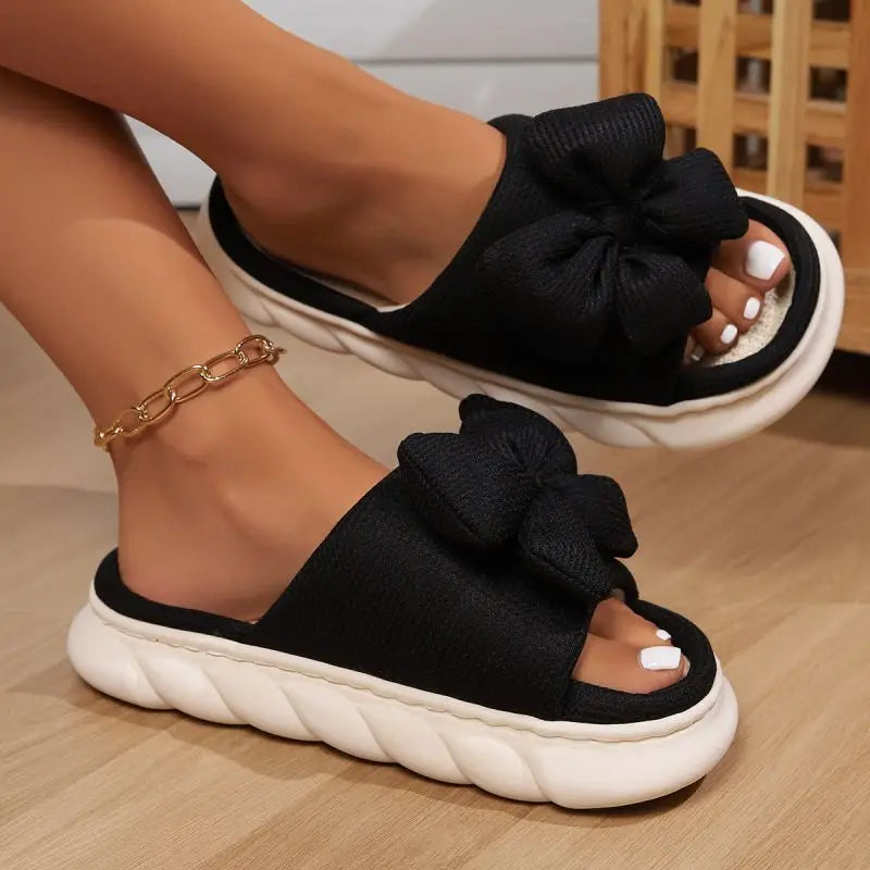 Fashion Bowknot Linen Home Slippers Women Thick Sole Non Slip House Cotton Shoes Woman Flat Heels Platform Indoor Slippers 2024